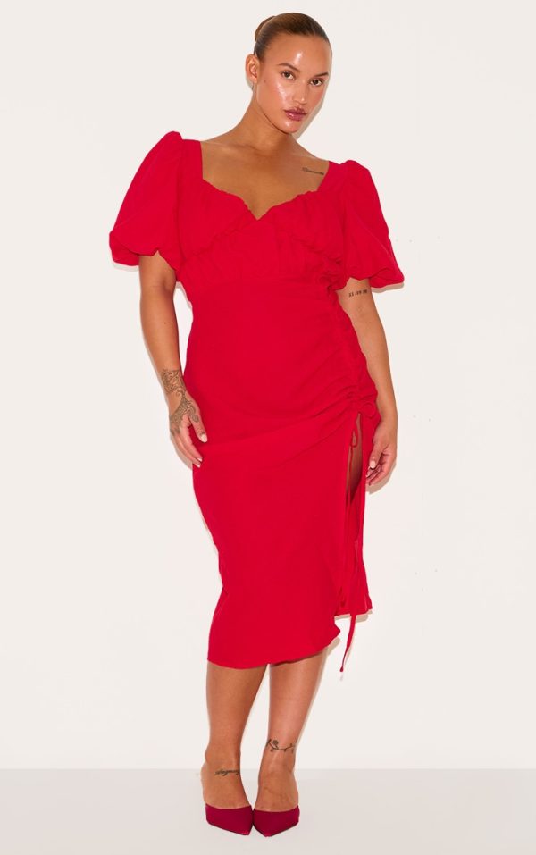 Plus Red Puff Sleeve Ruched Split Side Midi Dress