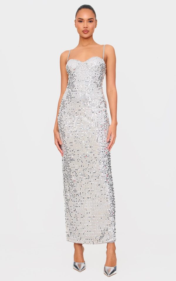 Silver Sequin Strappy Corset Detail Maxi Dress