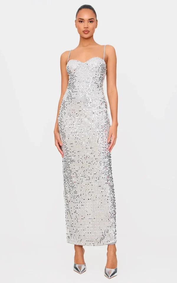 Silver Sequin Strappy Corset Detail Maxi Dress