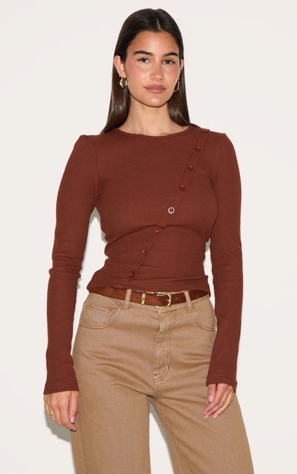 Chocolate Waffle Asymmetric Button Up Long Sleeve Top