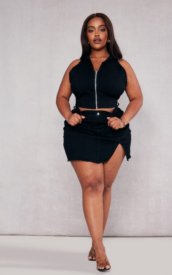 Plus Black Stretch Denim Split Detail Mini Skirt