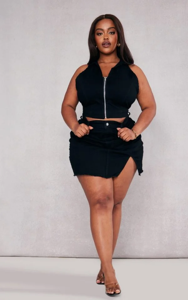 Plus Black Stretch Denim Split Detail Mini Skirt