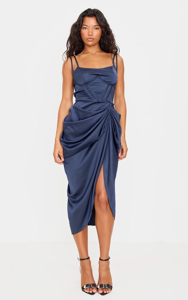 Navy Satin Underwired Draped Skirt Midi Dress