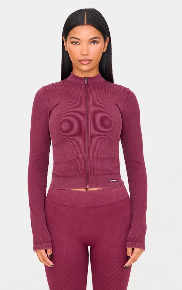Deep Burgundy Acid Wash Seamless Ribbed Zip Up Cropped Sports Jacket