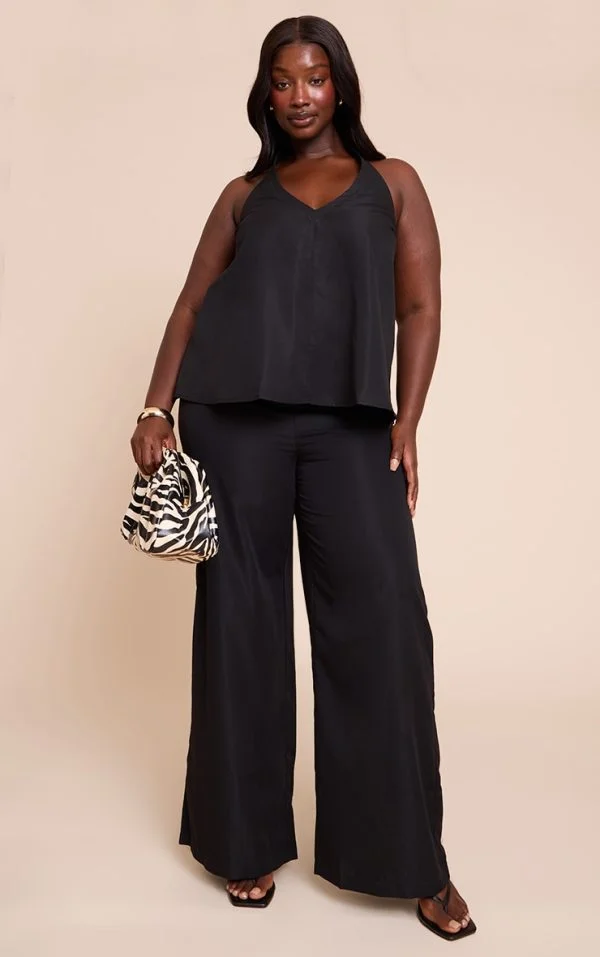 Plus Black Tailored Wide Leg Drawstring Pants
