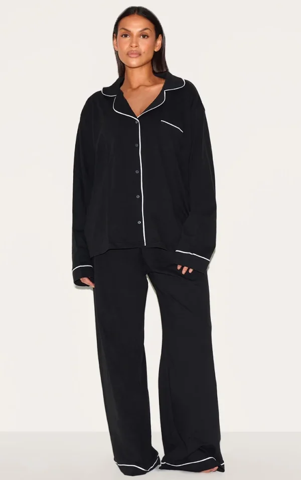 Maternity Black Jersey Piping Detail Long Pj Set