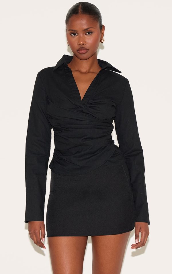 Black Linen Blend Fitted Wrap Detail Shirt