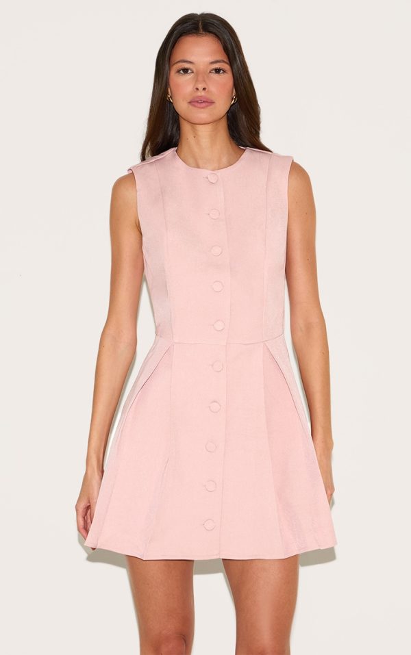 Baby Pink Tailored Woven Button Down Pleated Shift Dress
