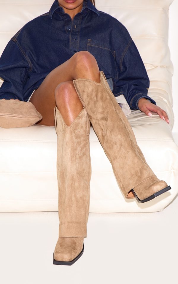 Stone Faux Suede Square Toe Fold Over Knee High Block Heel Western Boots