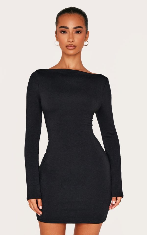 Petite Black Contour Jersey Boat Neck Long Sleeve Dress