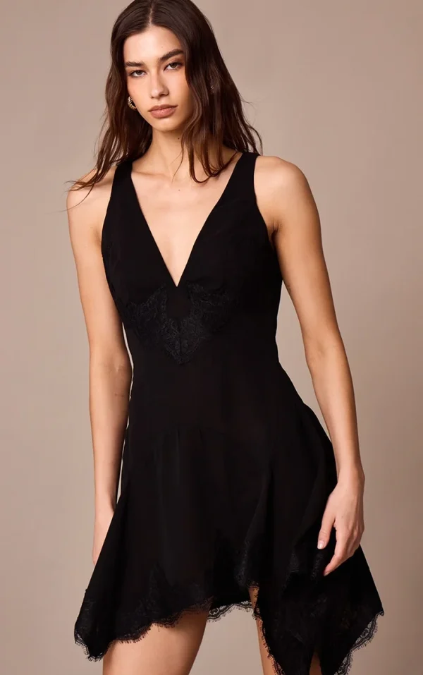 Black Chiffon Sheer Lace Trim Plunge Bodycon Dress