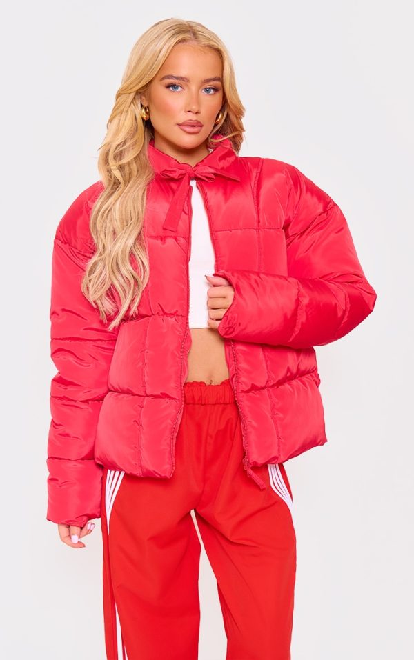 Red Tied Bow Detail Puffer Jacket