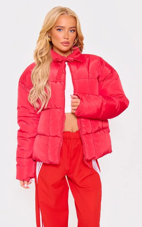 Red Tied Bow Detail Puffer Jacket