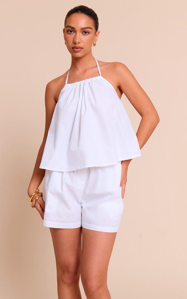 White Poplin Low Back Halterneck Top