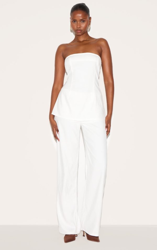 White Woven Tailored Longline Bandeau Flared Jumpsuit