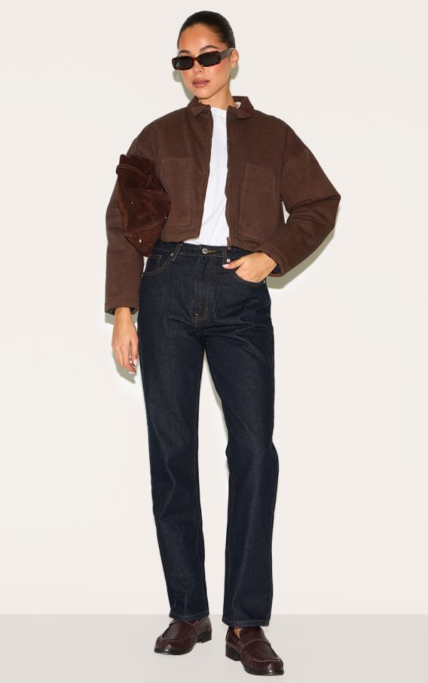Chocolate Twill Contrast Collar Cropped Jacket