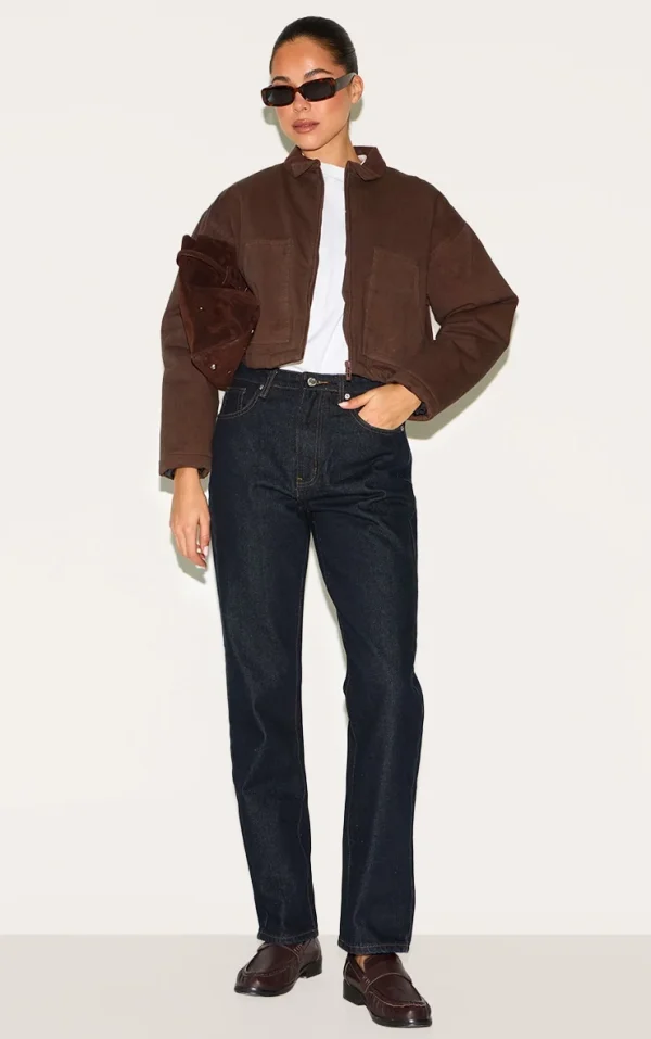 Chocolate Twill Contrast Collar Cropped Jacket