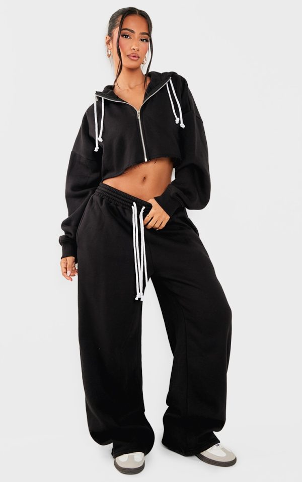 Petite Black Contrast Drawstring Wide Leg Sweatpants