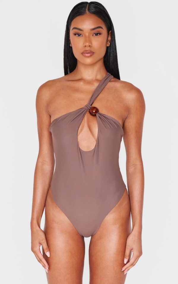 Chocolate Bead Detail One Shoulder Cut Out Swimsuit