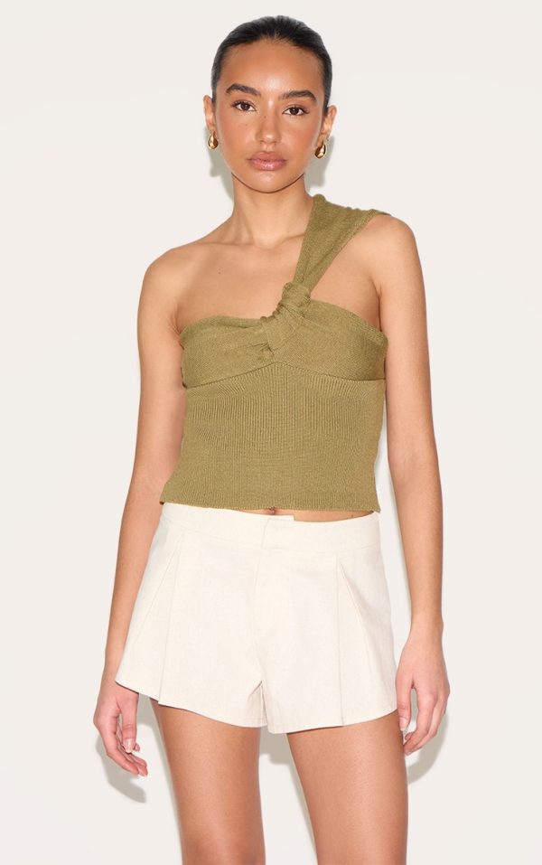 Petite Olive Knitted One Shoulder Bow Top