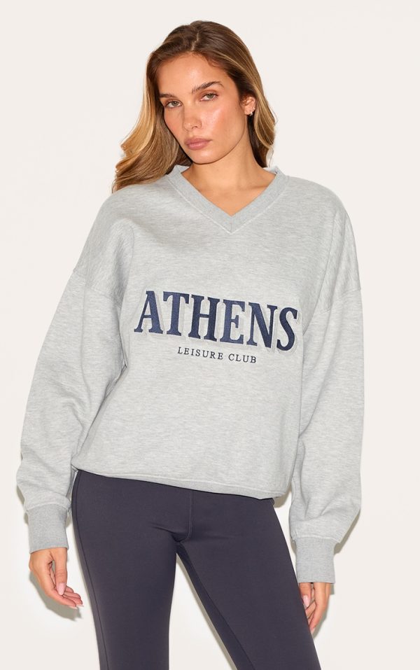 Ash Grey Athens Embroidered V Neck Sweatshirt