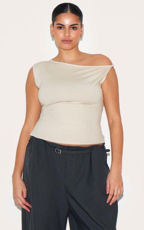 Plus Oatmeal Basic Knit Asymmetric Twist Sleeve Vest Top