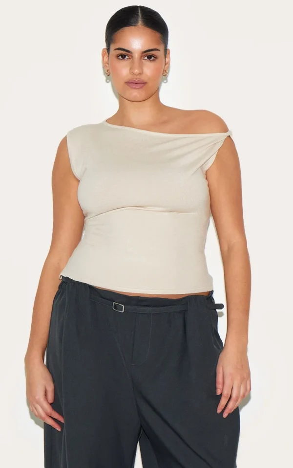 Plus Oatmeal Basic Knit Asymmetric Twist Sleeve Vest Top