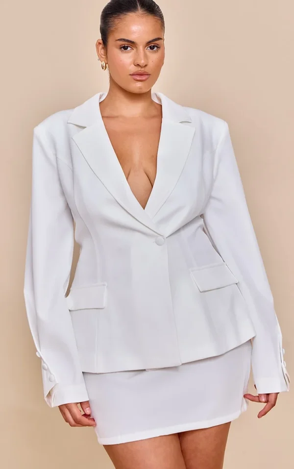 Plus White Woven Cinched Waist Fitted Blazer
