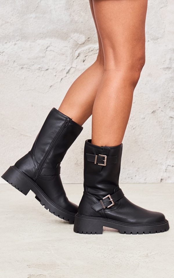 Black Buckle Detail Mid Calf Chunky Ankle Boots