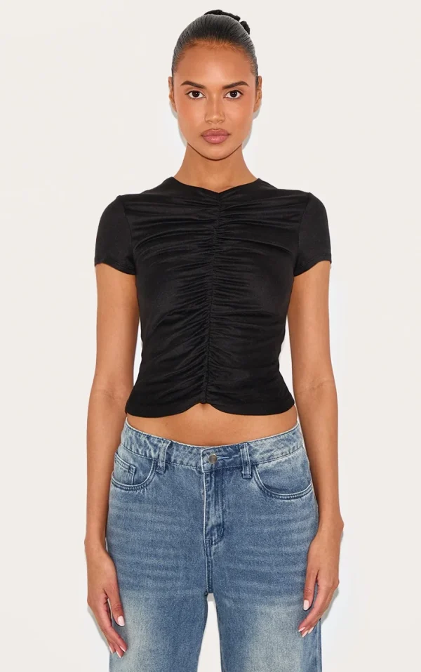 Black Contour Jersey Ruched Fitted T-shirt