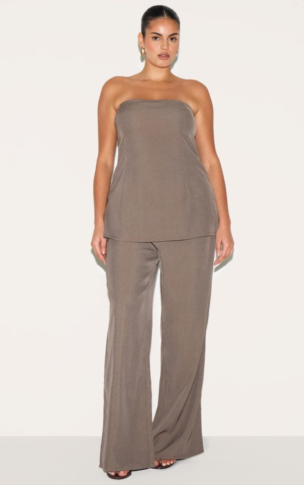 Plus Taupe Woven Tailored Longline Bandeau Flared Jumpsuit