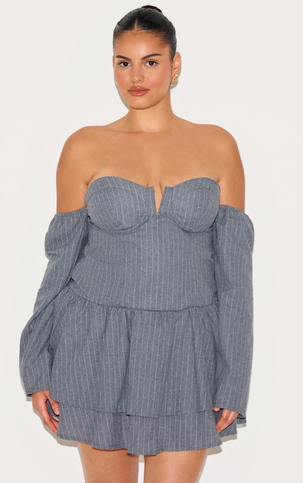 Plus Light Grey Cup Detail Pinstripe Bardot Shift Dress