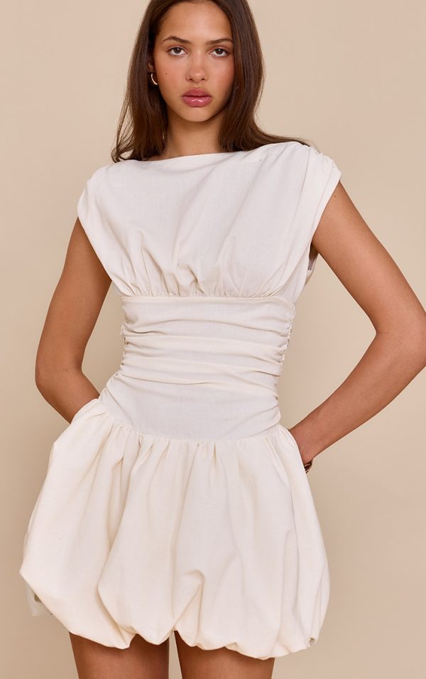 Cream Boat Neck Ruched Detail Puffball Dress