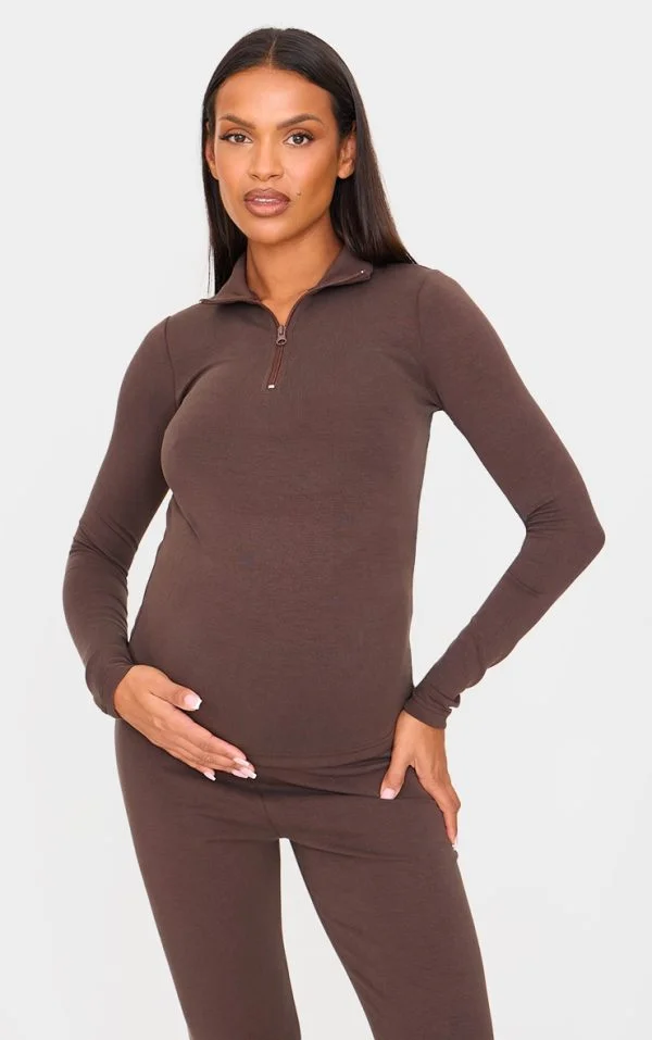 Maternity Chocolate Premium Soft Touch Quarter Zip Long Sleeve Top