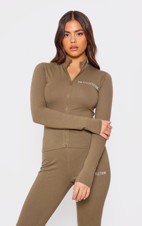 PRETTYLITTLETHING Khaki Jersey Zip Through Long Sleeve Top