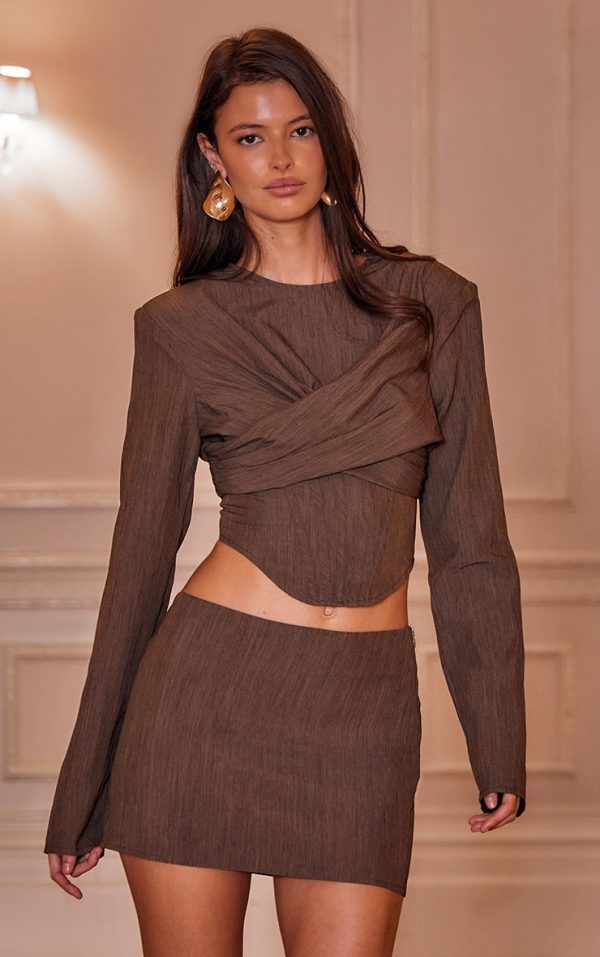 Chocolate Brown Tailored Draped Bust Detail Corset Top