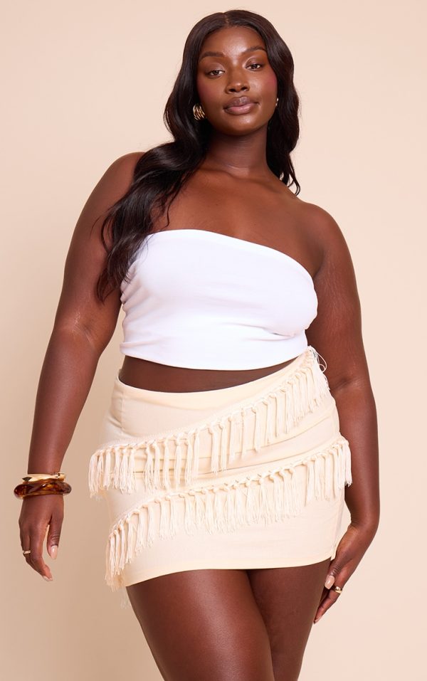 Plus Cream Linen Tassle Detail Mini Skirt