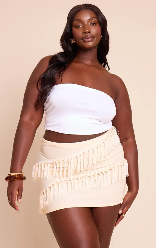 Plus Cream Linen Tassle Detail Mini Skirt