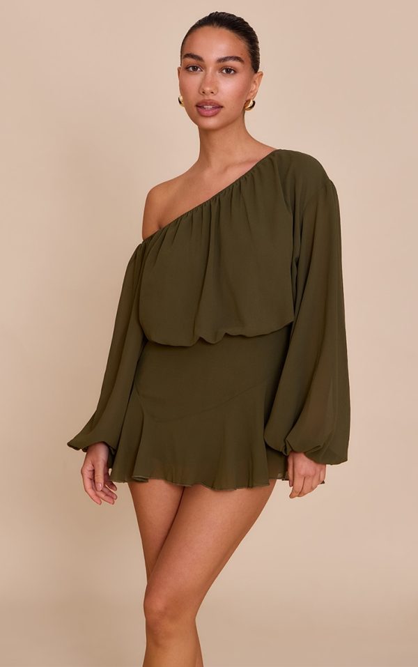 Dark Olive Chiffon One Shoulder Floaty Skort Romper
