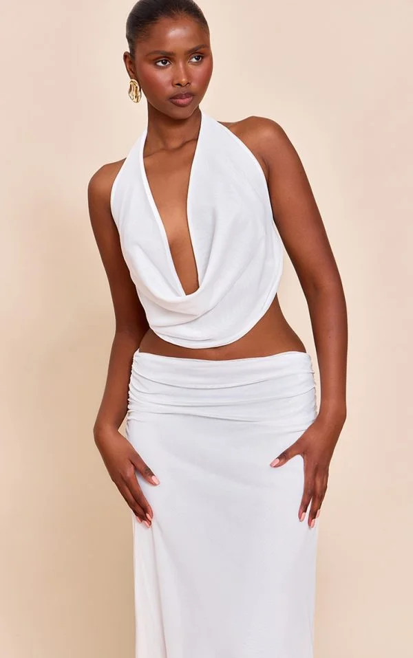 White Cowl Neck Mesh Top