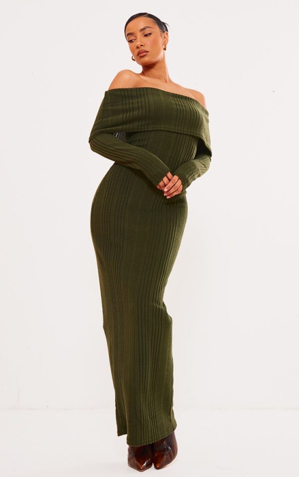Khaki Brushed Rib Oversized Bardot Maxi Dress