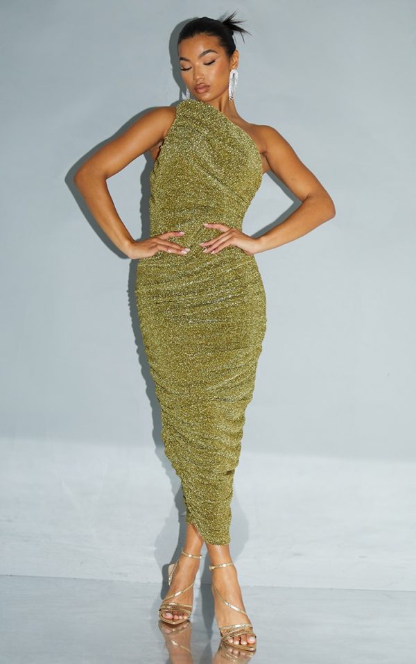 Gold Glitter Plisse Ruched One Shoulder Midi Dress