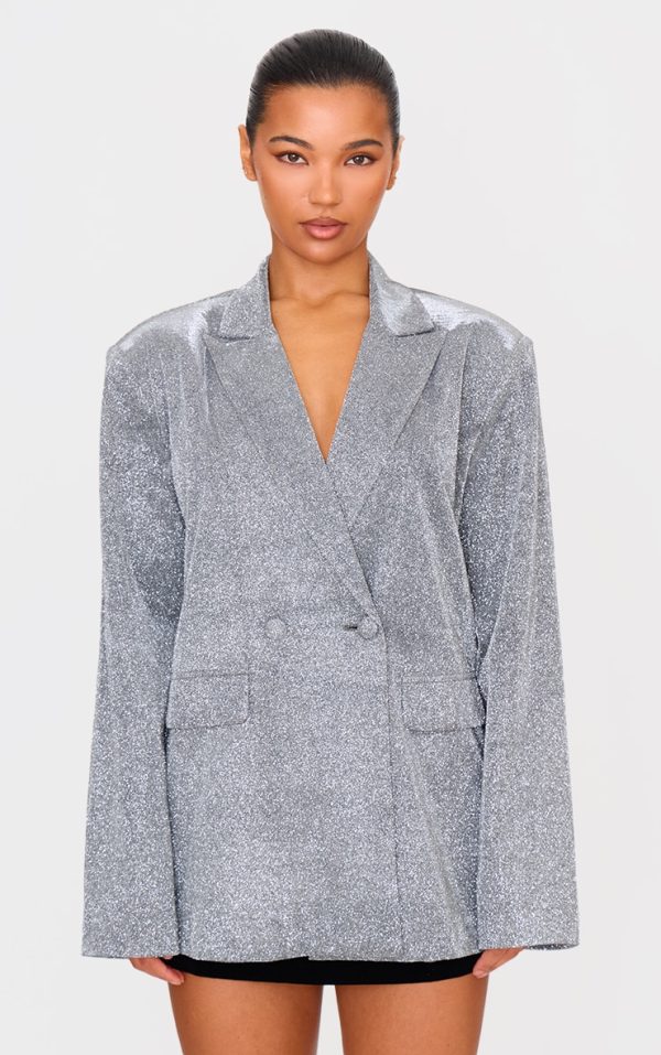 Silver Glitter Oversized Curved Hem Boxy Blazer