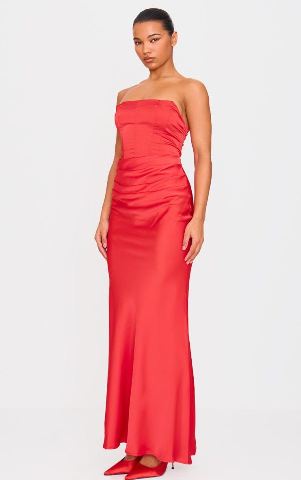 Red Satin Corset Detail Draped Maxi Dress