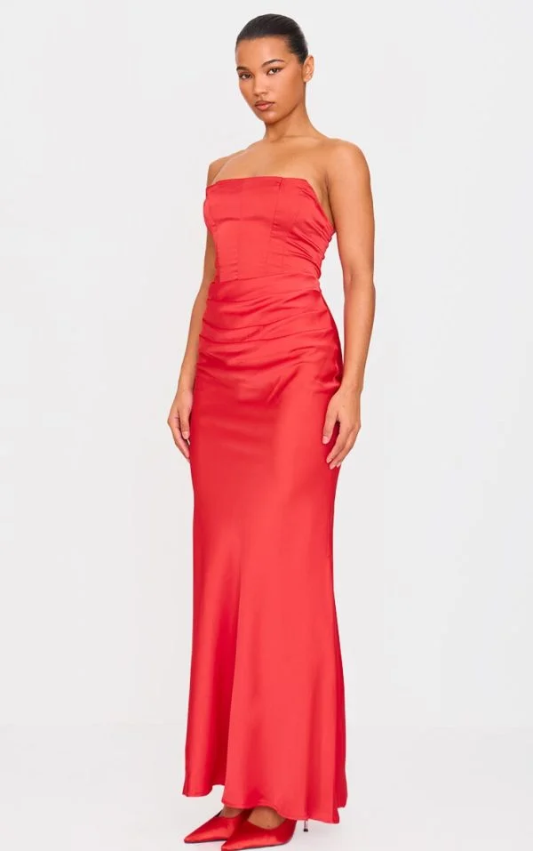 Red Satin Corset Detail Draped Maxi Dress