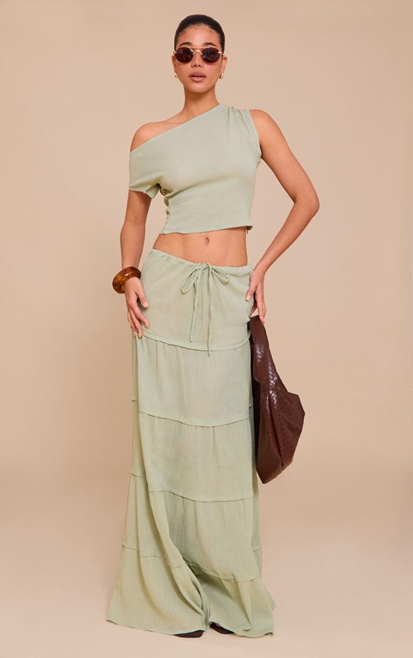Sage Green Cheesecloth Floaty Drawstring Maxi Skirt