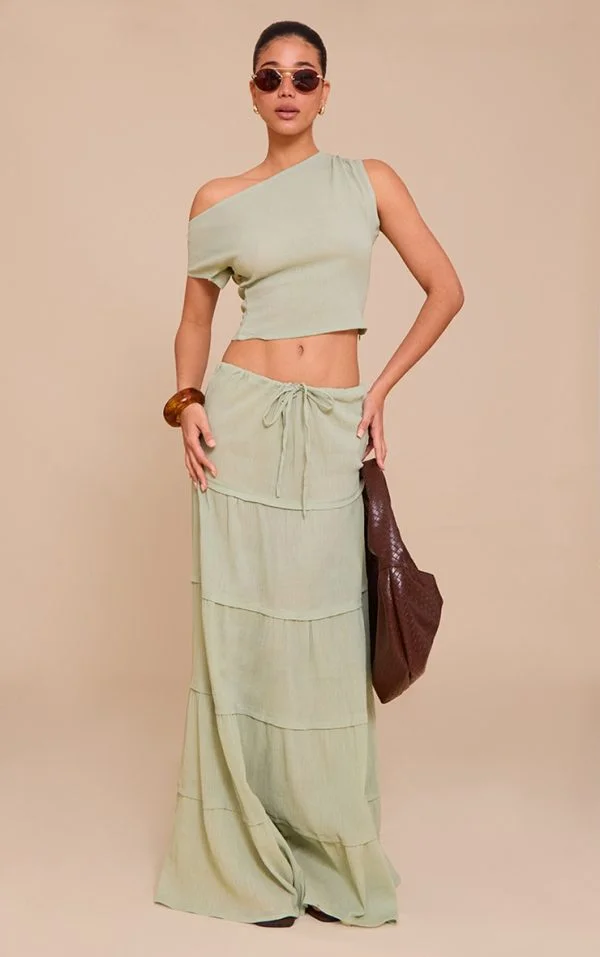 Sage Green Cheesecloth Floaty Drawstring Maxi Skirt