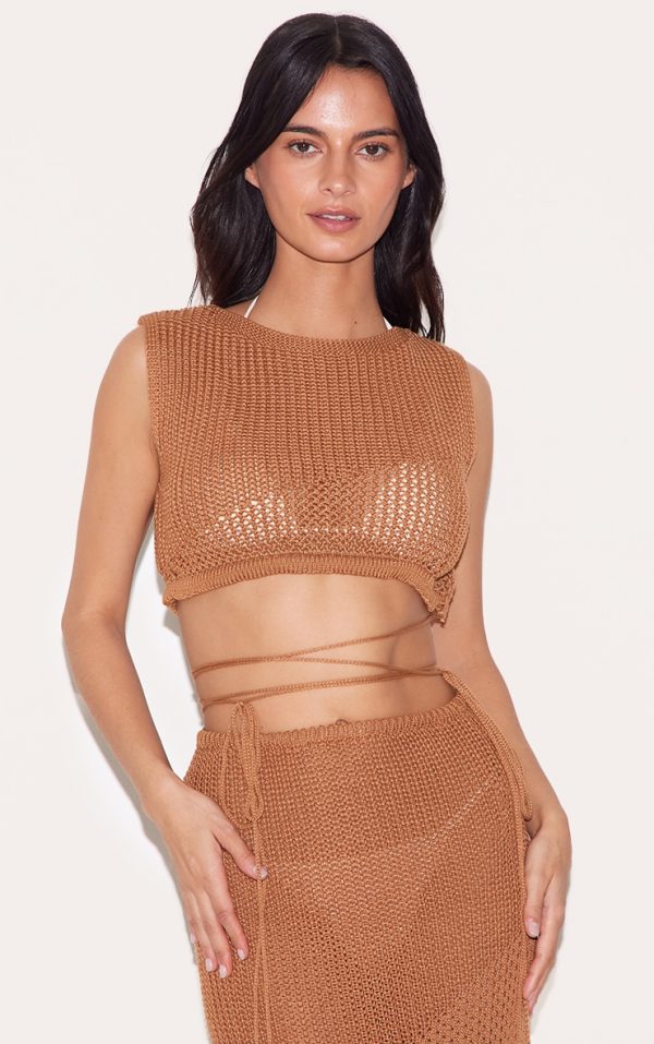Brown Crochet Trim Detail High Neck Beach Top