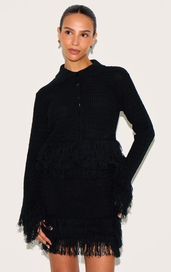 Petite Black Button Up Fringe Cardigan