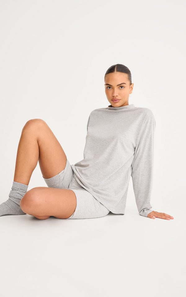 Grey Cotton Basic Oversized Long Sleeve T-shirt